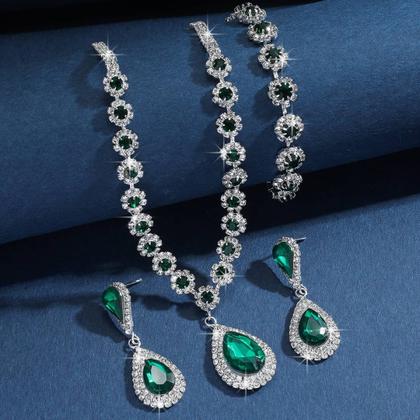 Imagem de L3224-Conjunto Feminino Colar e Brinco Pulseira Zirconia Gota Verde Esmeralda Azul Festa Natal Formatura Madrinha Brilho