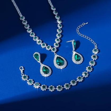 Imagem de L3224-Conjunto Feminino Colar e Brinco Pulseira Zirconia Gota Verde Esmeralda Azul Festa Natal Formatura Madrinha Brilho