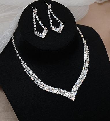 Imagem de L3229-Conjunto Feminino Colar e Brinco Pulseira Strass Zirconia Prata Festa Casamento Noiva Casal Elegante Minimalista