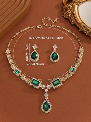 Imagem de L3508-Conjunto Feminino Colar Brinco Verde Esmeralda Zirconia Gota Geometrico Festa Formatura Madrinha Namorado Elegante