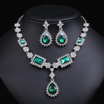 Imagem de L3508-Conjunto Feminino Colar Brinco Verde Esmeralda Zirconia Gota Geometrico Festa Formatura Madrinha Namorado Elegante