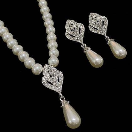 Imagem de L3518-Conjunto Feminino Colar e Brinco Pérola Branco Gota Zirconia Festa Casamento Noiva Réveillon Elegante