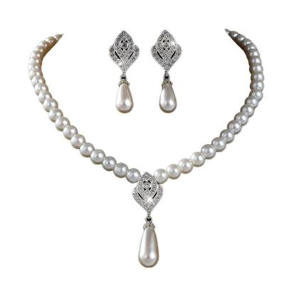 Imagem de L3518-Conjunto Feminino Colar e Brinco Pérola Branco Gota Zirconia Festa Casamento Noiva Réveillon Elegante