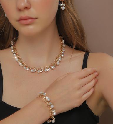 Imagem de L3519-Conjunto Feminino Colar e Brinco Pulseira Pérola Branco Zirconia Dourado Festa Casamento Noiva Casal Elegante