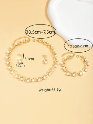 Imagem de L3519-Conjunto Feminino Colar e Brinco Pulseira Pérola Branco Zirconia Dourado Festa Casamento Noiva Casal Elegante