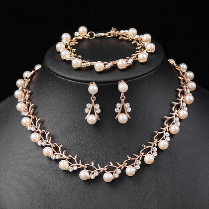 Imagem de L3519-Conjunto Feminino Colar e Brinco Pulseira Pérola Branco Zirconia Dourado Festa Casamento Noiva Casal Elegante