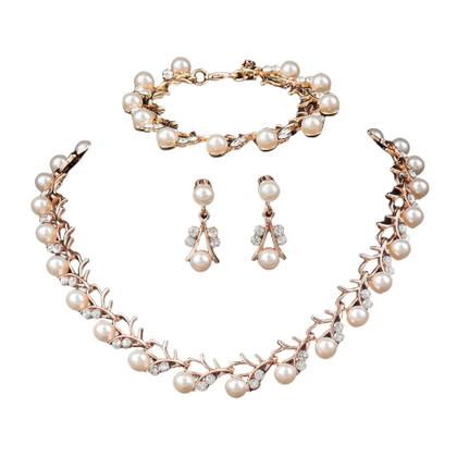 Imagem de L3519-Conjunto Feminino Colar e Brinco Pulseira Pérola Branco Zirconia Dourado Festa Casamento Noiva Casal Elegante
