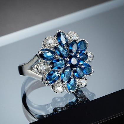 Imagem de L5302-Anel Feminino Banhado a Ouro 18k Zircônia Flor Fúcsia Azul Festa Presentes Sofisticados Aniversários Noivados Luxo