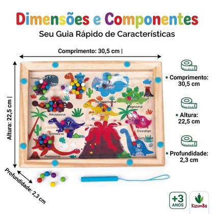 Imagem de Labirinto Tabuleiro Magnético De Madeira Brinquedo Montessori TEA Autismo Educativo Tema Dinossauros Madeira Kizumba