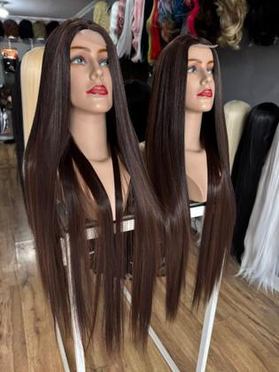 Imagem de Lacewig peruca lace 1 metro super longa lisa fibra premium preta lisa morena iluminada castanho