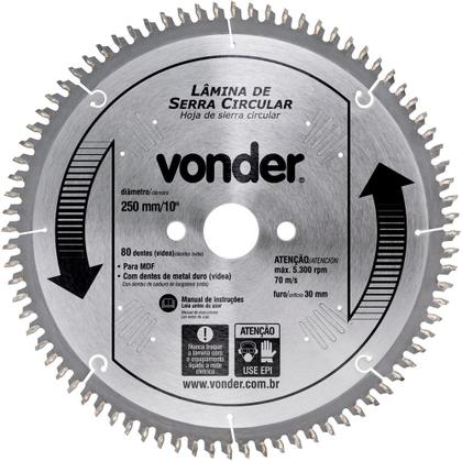 Imagem de Lamina serra circular vídea 250x30x3,0mm 80 dentes 5300 rpm para mdf - Vonder