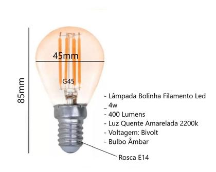 Imagem de Lâmpada Bolinha Filamento Led 4W G45 E14 Luz Quente 2200K