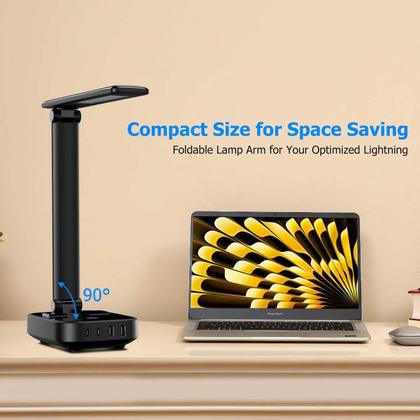 Imagem de Lâmpada de mesa LED com 4 portas de carregamento USB e 2 tomadas AC, cabo de extensão de 5 pés, fonte de alimentação, 3 níveis de brilho, controle de escurecimento de toque, mesa de escritório, luminária para cuidados com os olhos, quarto, hotel