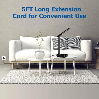 Imagem de Lâmpada de mesa LED com 4 portas de carregamento USB e 2 tomadas AC, cabo de extensão de 5 pés, fonte de alimentação, 3 níveis de brilho, controle de escurecimento de toque, mesa de escritório, luminária para cuidados com os olhos, quarto, hotel