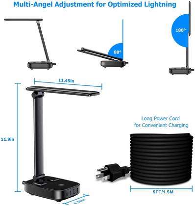 Imagem de Lâmpada de mesa LED com 4 portas de carregamento USB e 2 tomadas AC, cabo de extensão de 5 pés, fonte de alimentação, 3 níveis de brilho, controle de escurecimento de toque, mesa de escritório, luminária para cuidados com os olhos, quarto, hotel