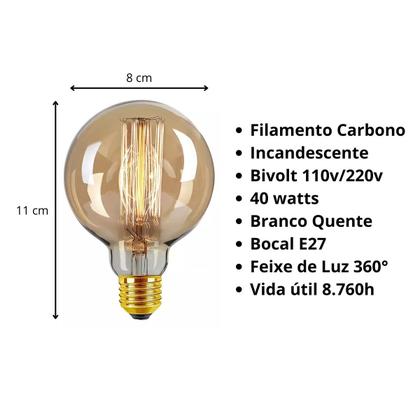 Imagem de Lâmpada Filamento Carbono G80 Retrô Vintage 40w Branco Quente Bivolt ILAG80