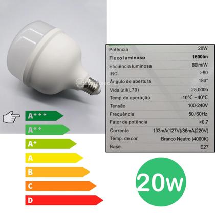Imagem de Lâmpada LED Bulbo 20W com Base E27, Fluxo Luminoso Intenso e Cor 4000K EB7210
