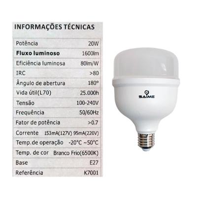 Imagem de Lâmpada Led Bulbo T80 20w E27 Alta Potência Branco Frio