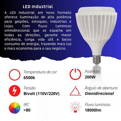 Imagem de Lâmpada LED Industrial Bulbo T 200W Kian Branco Frio E40