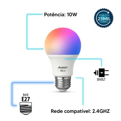 Imagem de Lampada Led Pera Smart Inteligente 10w RGB Colorido E27 110v/220v Ip20 Branco Cod: 290028177 Avant Neo
