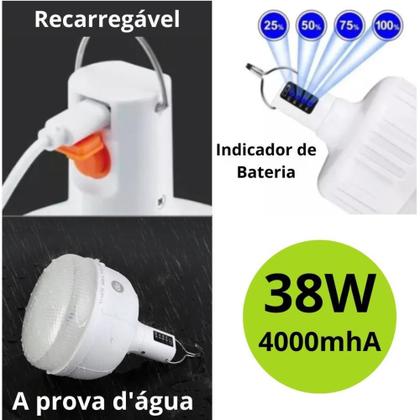 Imagem de Lâmpada LED Recarregável 38W com Bateria 4000MAH e Função Emergência