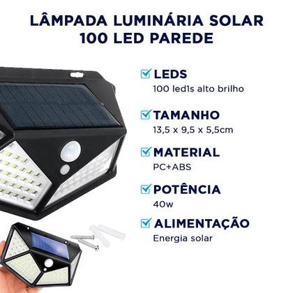 Imagem de Lâmpada Luminária Solar 100 Led Parede Luz Com Sensor Preto