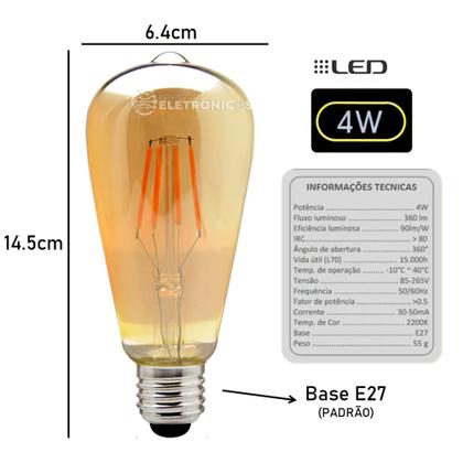 Imagem de Lâmpada Retrô Bulbo Filamento Led 4w ST64 Alto Desempenho 60484