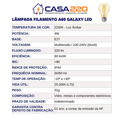Imagem de Lâmpada Retrô Filamento Galaxy LED A60 4W 2200K Luz Âmbar Bivolt