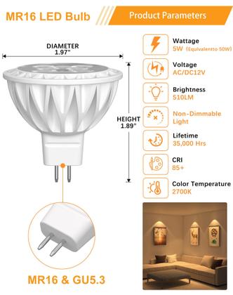 Imagem de Lâmpadas LED GOHDLAMP MR16 5W (50W de halogênio) 2700K, branco quente, pacote com 6