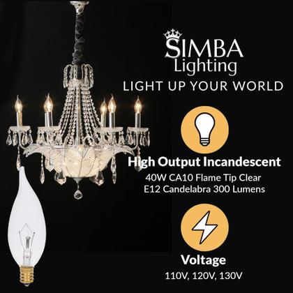 Imagem de Lâmpadas Simba Lighting Candelabra Flame Tip Clear CA10 25W E12 Base (pacote com 12) 120V Warm White 2700K