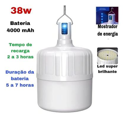 Imagem de Lampião Emergência LED 38W Recarregável USB Bivolt Lâmpada Camping Pesca Barraca Indicador Energia