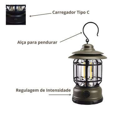 Imagem de Lampião Retro LED Recarregavel USB Tipo C Luminária Portátil