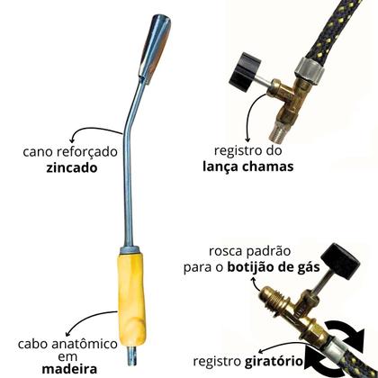 Imagem de Lança Chamas Maçarico Para Botijão De Gás Sapecador De Porco Frango Galinha 45cm + Mangueira