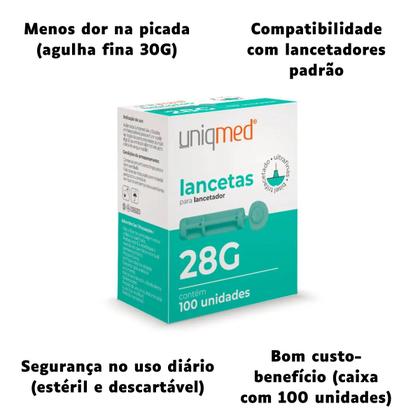 Imagem de Lancetas Uniqmed 28G (0,36mm) Caixa Com 100 Lancetas Controle de Glicemia Diabetes