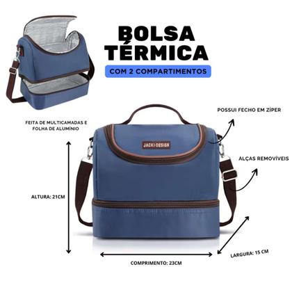 Imagem de Lancheira Bolsa 2 Compartimentos Azul Térmica Marmita Fitnes
