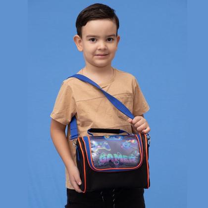 Imagem de Lancheira Infantil Térmica Bolsa Escolar Transversal Grande Menino Masculina Reforçada Escola Gamer Cristal