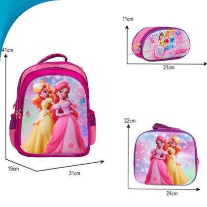 Imagem de Lancheira Mochila E Estojo Infantil Rosa Princesa Brilhante Para Escola Passeios E Presentes Barato