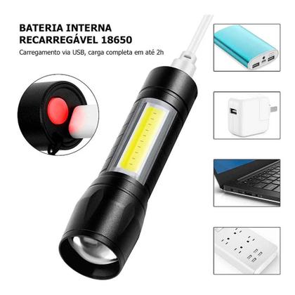 Imagem de Lanterna Compacta Original XPE 98000W 100000 Lumens + LED Cob C/ Zoom Recarregável Usb De Mao Com Clip