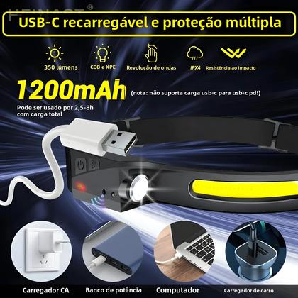 Imagem de Lanterna De Cabeça LED COB Recarregável Com Sensor, Bateria Integrada, 5 Modos, Lanterna De Indução