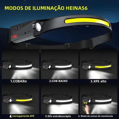 Imagem de Lanterna De Cabeça LED COB Recarregável Com Sensor, Bateria Integrada, 5 Modos, Lanterna De Indução