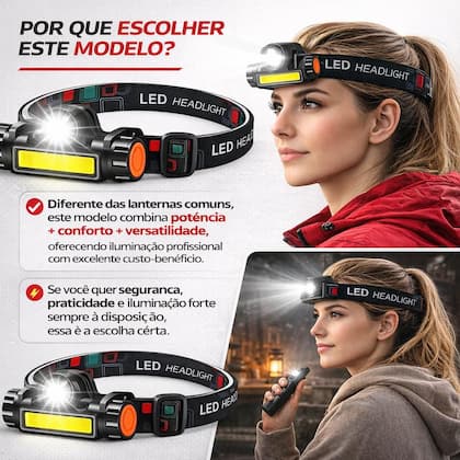 Imagem de Lanterna De Cabeça Led Potente Recarregável Prova D'água Preto