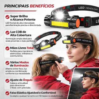 Imagem de Lanterna De Cabeça Led Potente Recarregável Prova D'água Preto