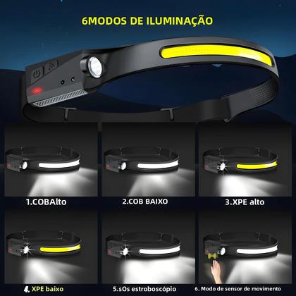 Imagem de Lanterna De Cabeça LED Recarregável Com Sensor, 5 Modos, Bateria Integrada, Ideal Para Pesca E