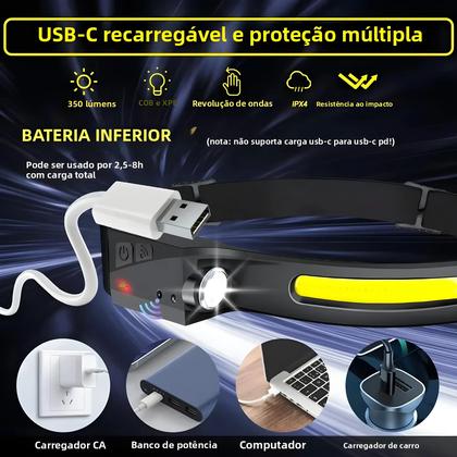 Imagem de Lanterna De Cabeça LED Recarregável Com Sensor, 5 Modos, Bateria Integrada, Ideal Para Pesca E