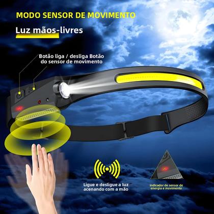 Imagem de Lanterna De Cabeça LED Recarregável Com Sensor, 5 Modos, Bateria Integrada, Ideal Para Pesca E