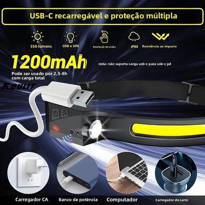 Imagem de Lanterna De Cabeça LED Recarregável Com Sensor, 5 Modos, Bateria Integrada, Ideal Para Pesca E