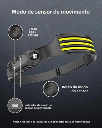 Imagem de Lanterna De Cabeça LED Recarregável Com Sensor, 5 Modos, Bateria Integrada, Ideal Para Pesca E