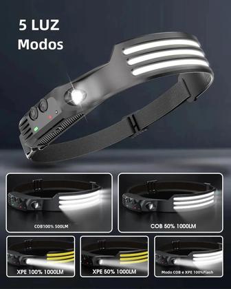 Imagem de Lanterna De Cabeça LED Recarregável Com Sensor, 5 Modos, Bateria Integrada, Ideal Para Pesca E