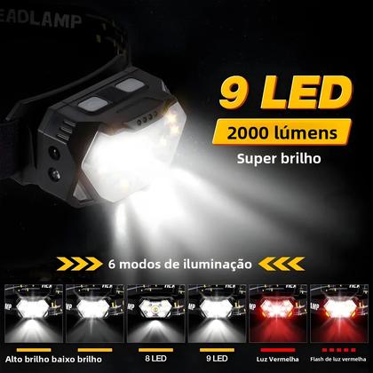 Imagem de Lanterna De Cabeça Recarregável Com Sensor De Movimento 9 LEDs USB Portátil Para Pesca Camping E