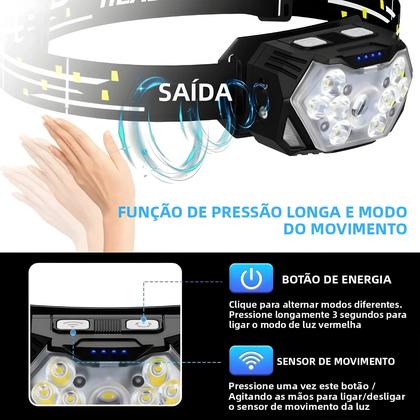 Imagem de Lanterna De Cabeça Recarregável Com Sensor De Movimento 9 LEDs USB Portátil Para Pesca Camping E